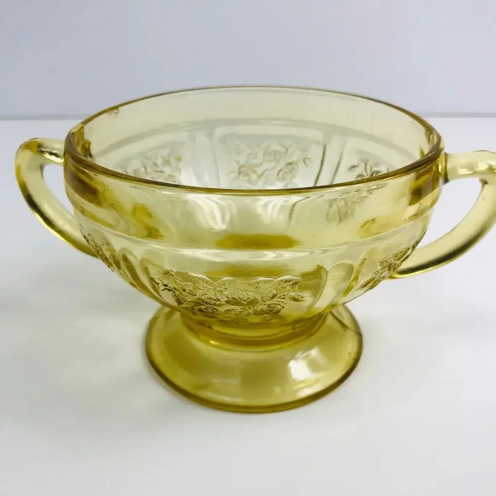 Amber Federal Glass Depression Glass Sharon Cabbage Rose Open Sugar Bowl READ